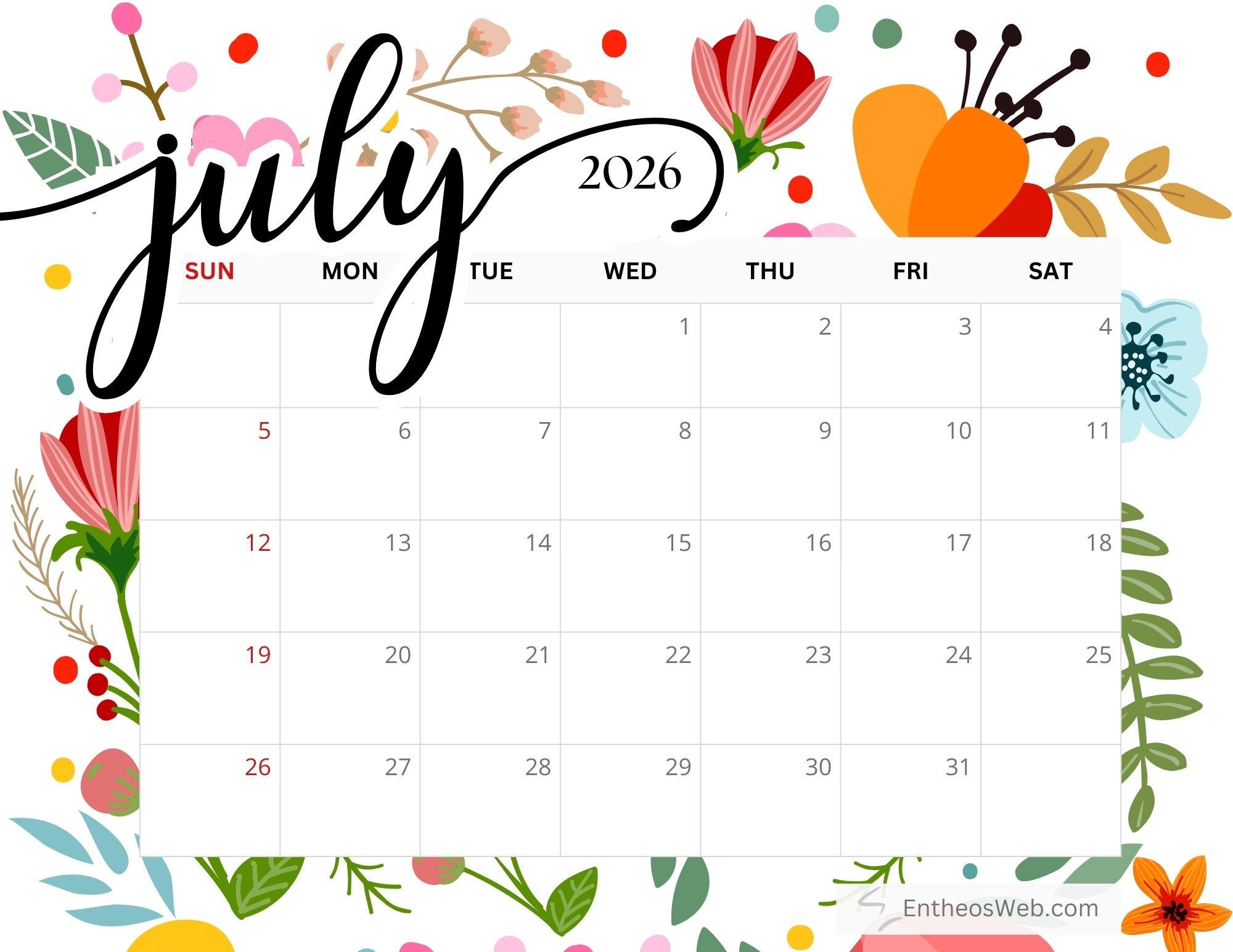 July 2026 calendar Monday start printable