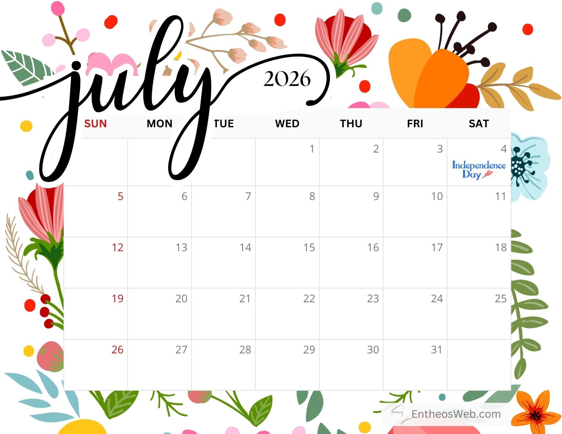 July 2026 Calendar Printables EntheosWeb