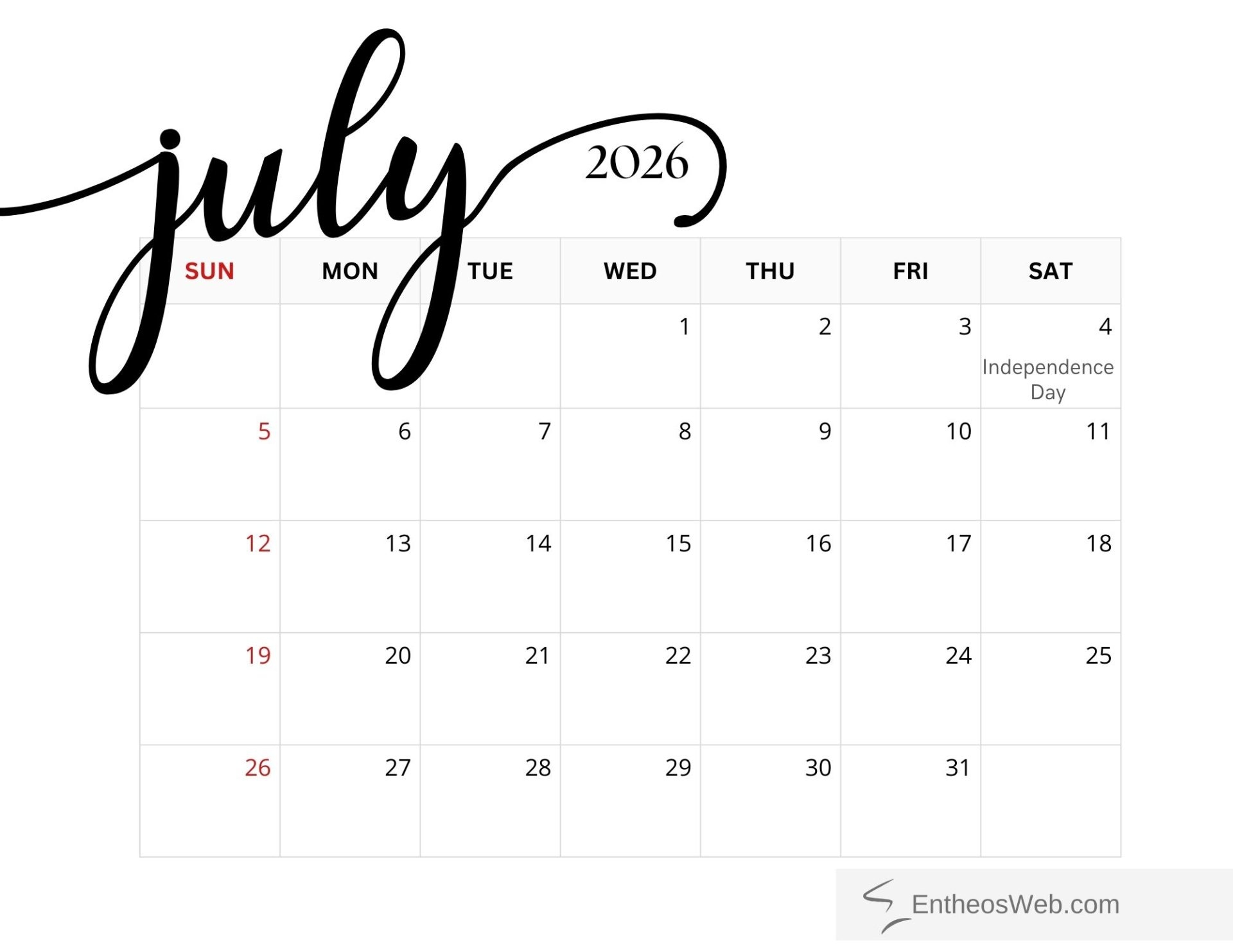 July 2026 Calendar Printables EntheosWeb