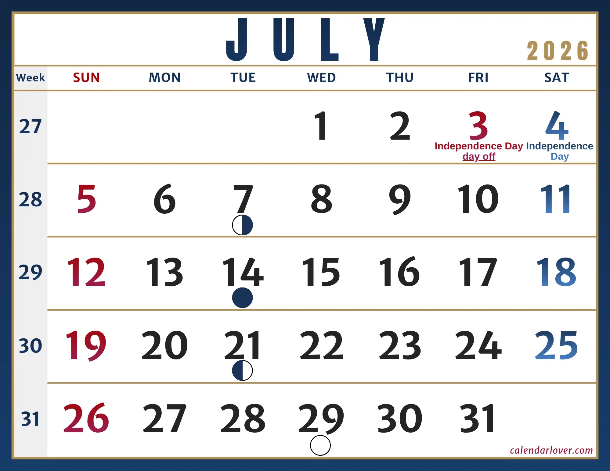 July 2026 Calendar With Holidays United States