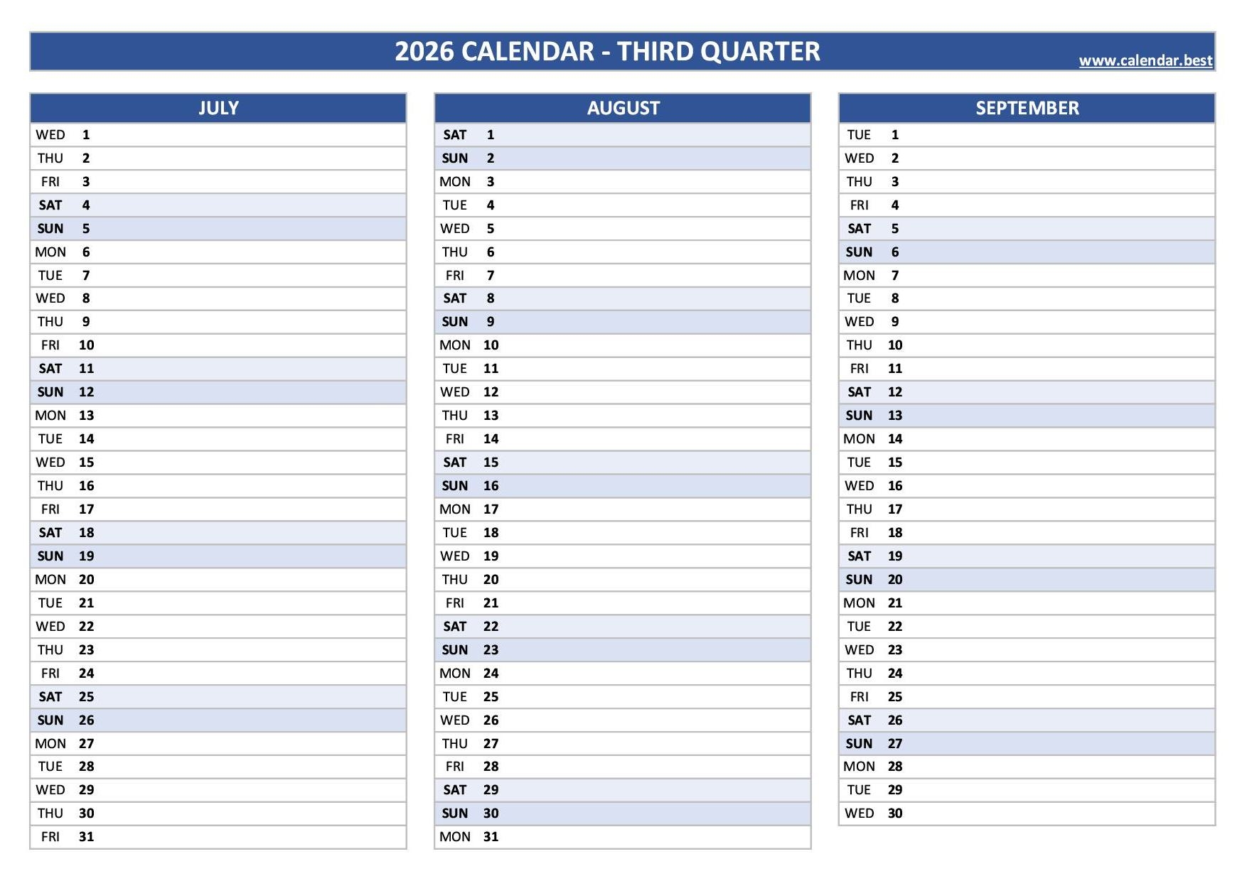 Q3 2026 monthly calendar printable