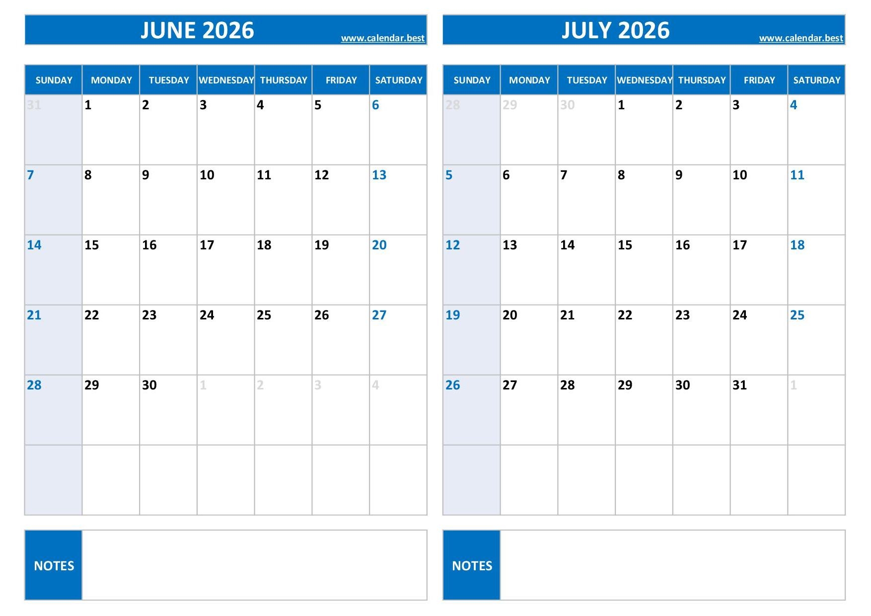 July 2026 calendar landscape format