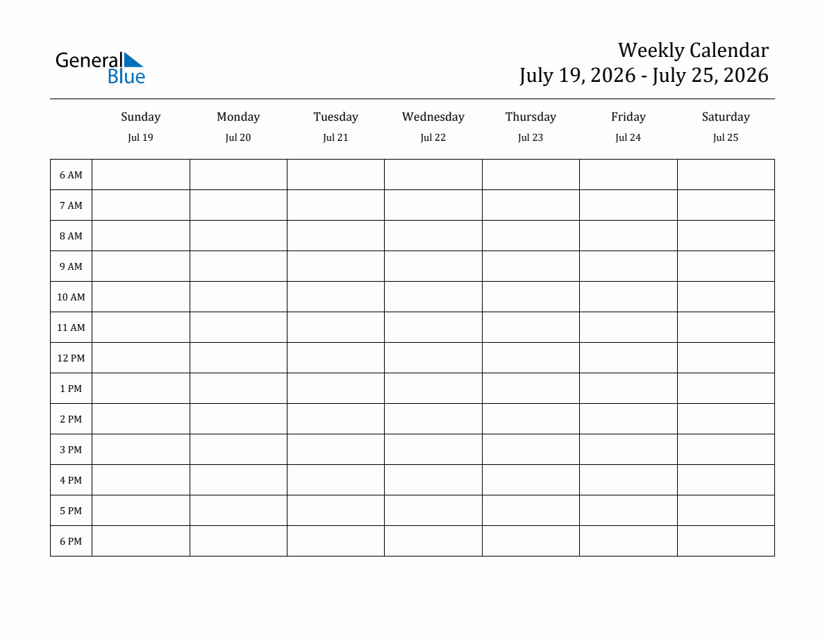 Weekly Calendar July 19 2026 To July 25 2026 PDF Word Excel 