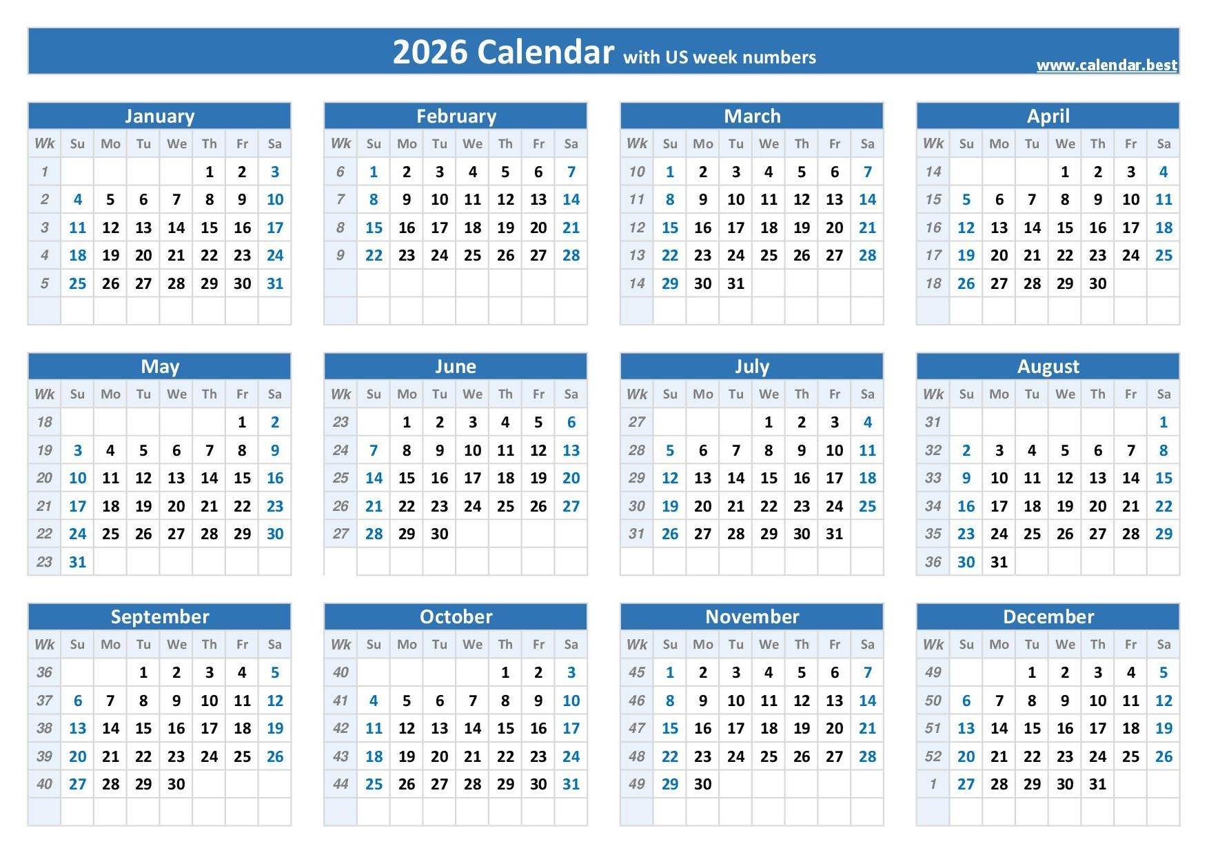 2026 Calendar With Week Numbers US And ISO Week Numbers 2026 Calendar With Week Numbers US And ISO Week Numbers