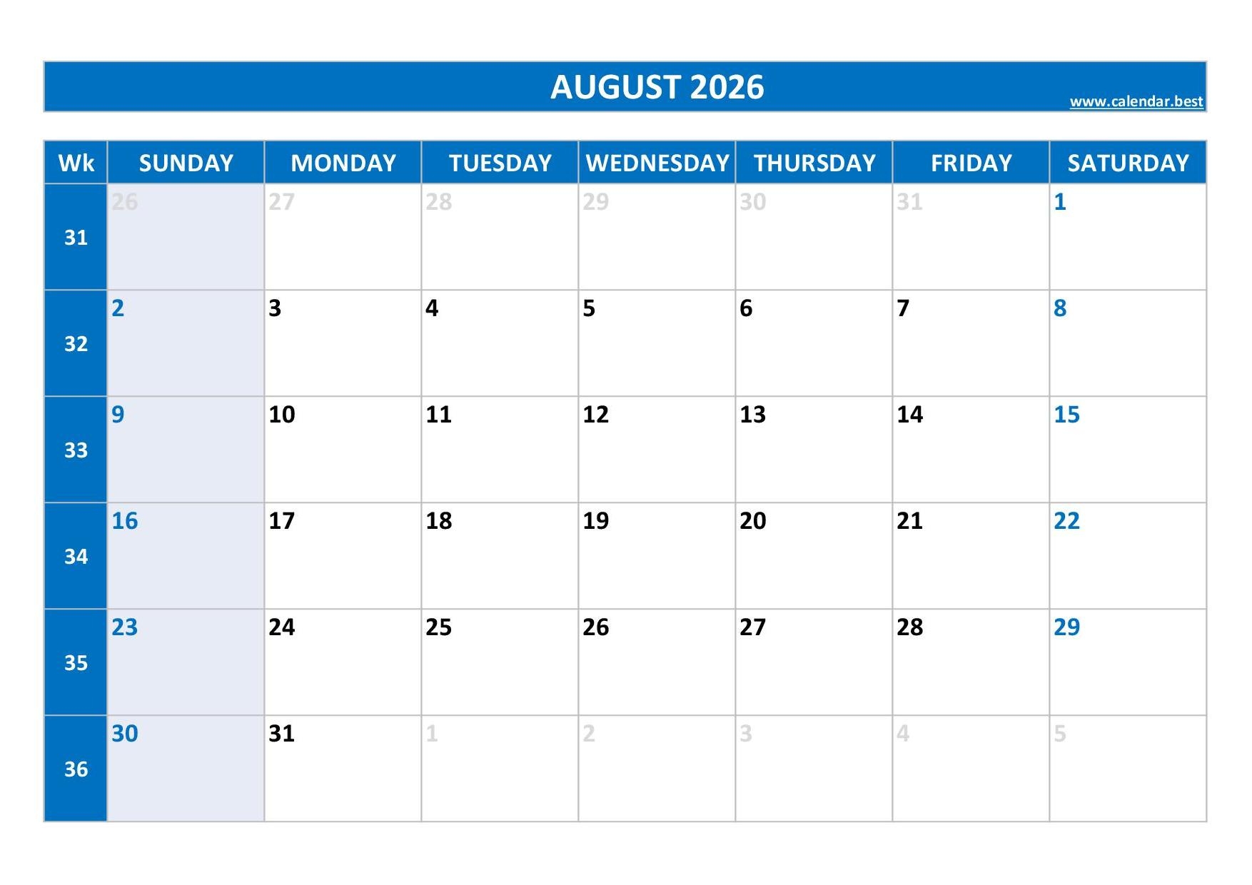August 2026 Calendar Calendar best August 2026 Calendar Calendar best