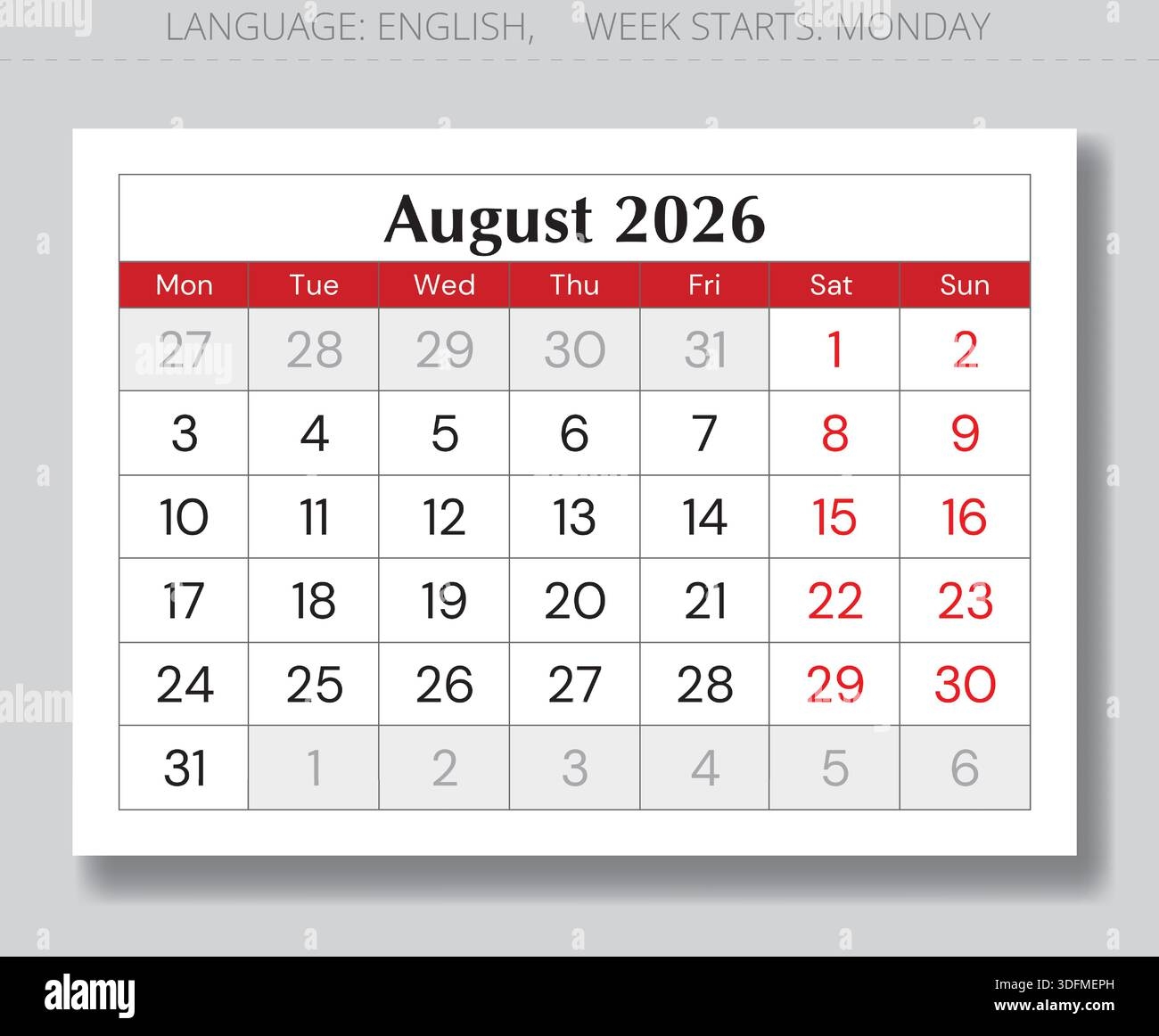 August 2026 Calendar Page English Monthly Vector With Monday Start Stock Vector Image Art Alamy August 2026 Calendar Page English Monthly Vector With Monday Start Stock Vector Image Art Alamy