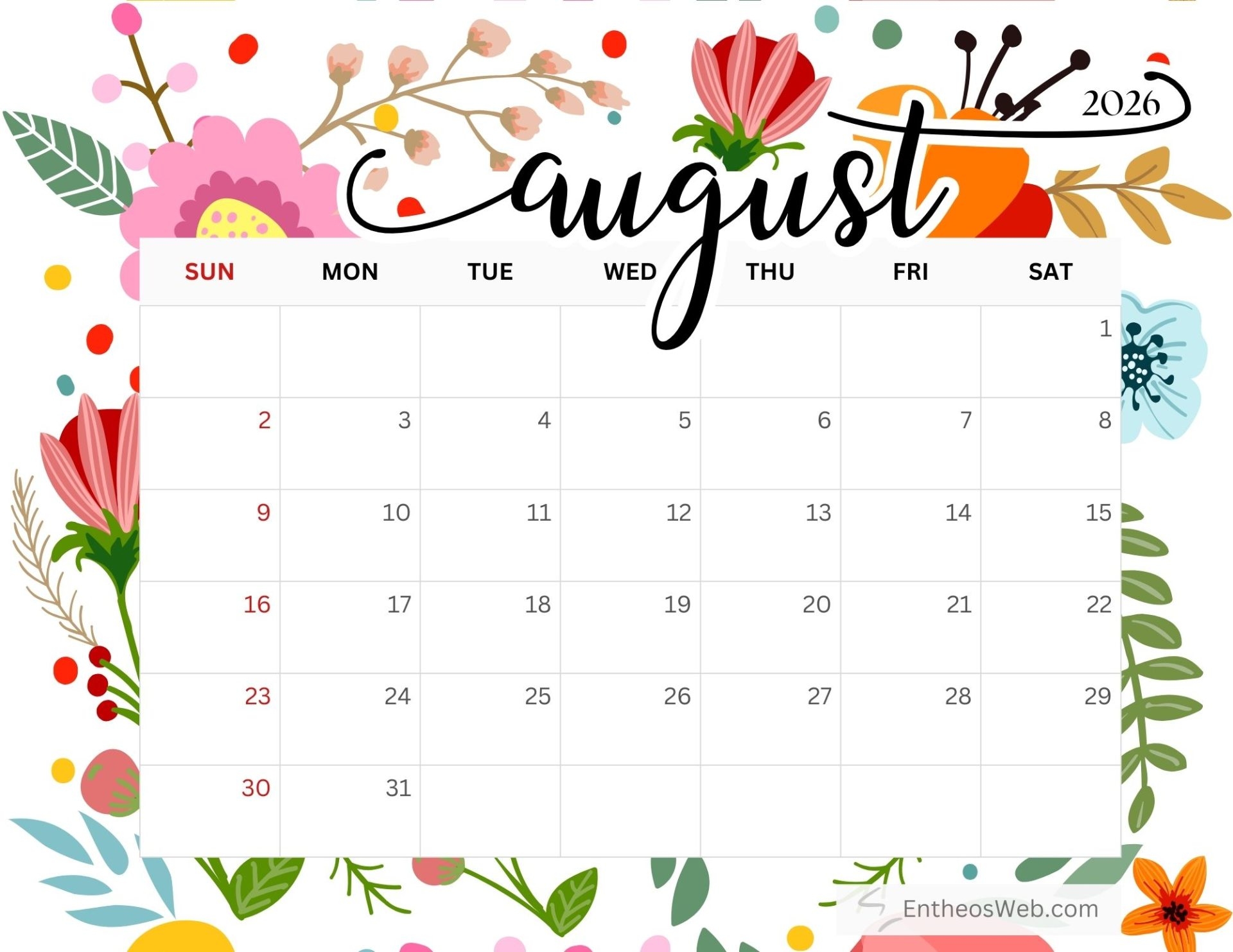 August 2026 Printable Calendar Pdf August 2026 Printable Calendar Pdf