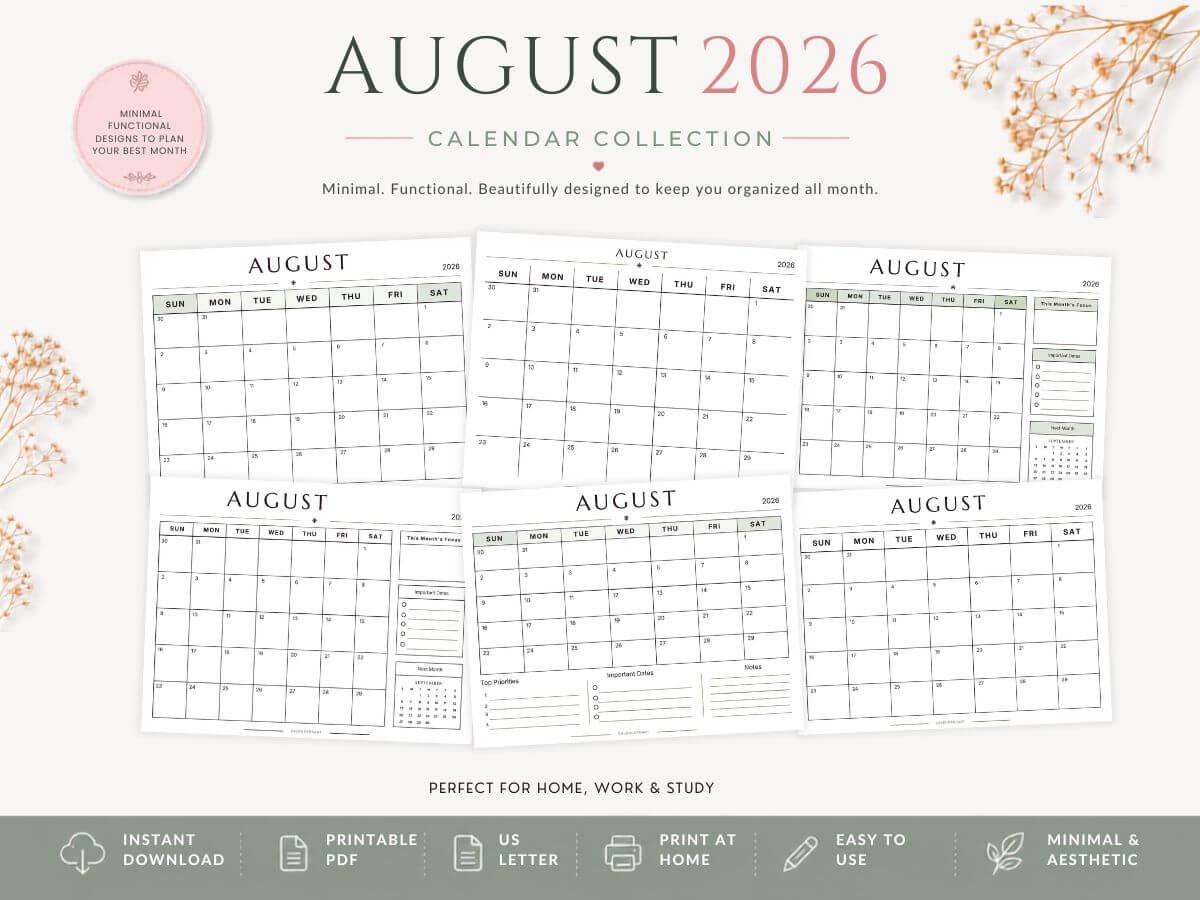 August 2026 Calendar Templates Free Printable PDFs August 2026 Calendar Templates Free Printable PDFs