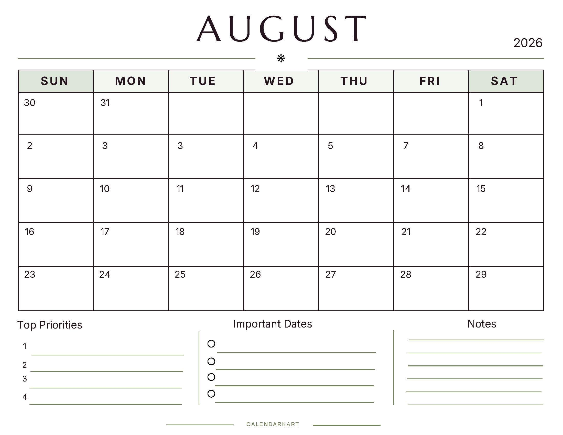 August 2026 Printable Content Calendar August 2026 Printable Content Calendar