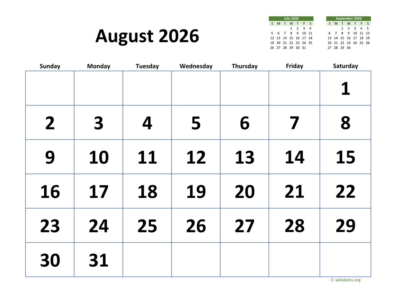 August 2026 Calendar With Extra large Dates WikiDates August 2026 Calendar With Extra large Dates WikiDates