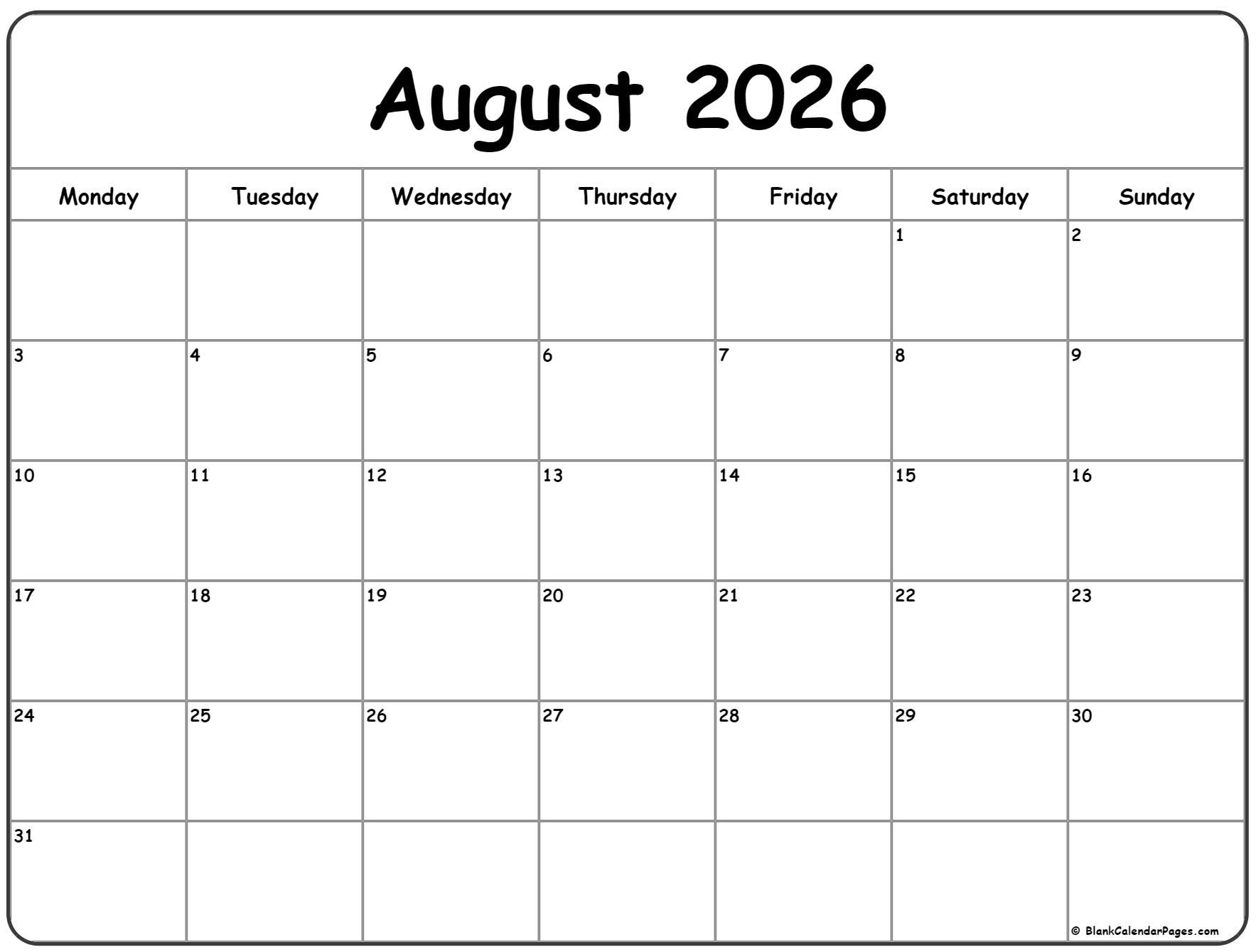 August 2026 Monday Calendar Monday To Sunday August 2026 Monday Calendar Monday To Sunday