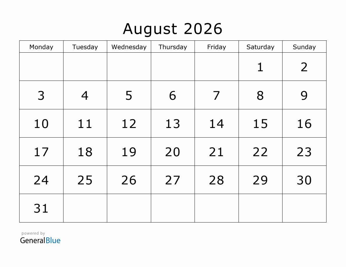 August 2026 Calendar Monday Start August 2026 Calendar Monday Start
